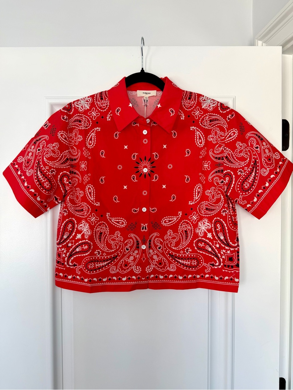 NWT Suncoo Paris Red Paisley Button-Up Short Sleeve Shirt, Size XS